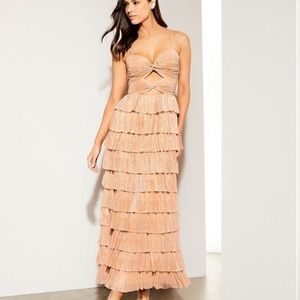 Gianni Bini Grace Metallic Plisse Sweetheart Neck Cut Out Tiered Maxi Dress